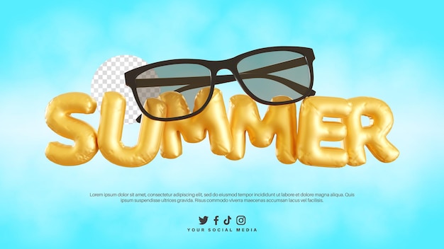 PSD 3d render of summer text alphabet with black eyeglass