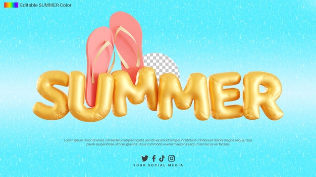 PSD 3d render of summer text alphabet with slippers