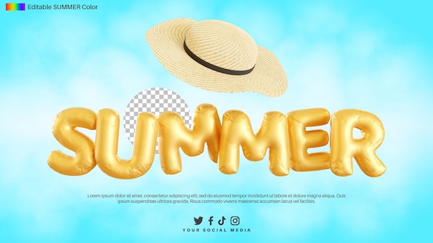 3d render of summer text alphabet with straw hat