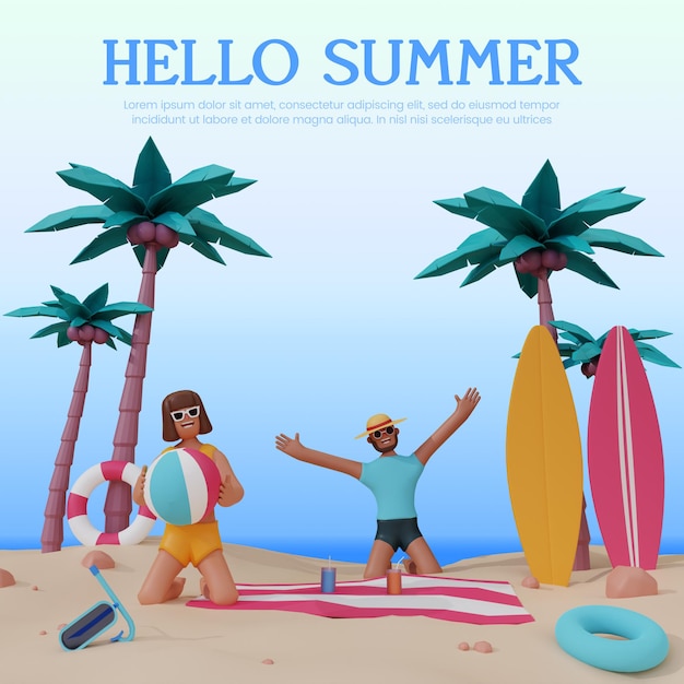 PSD 3d render summer tropical beach premium psd