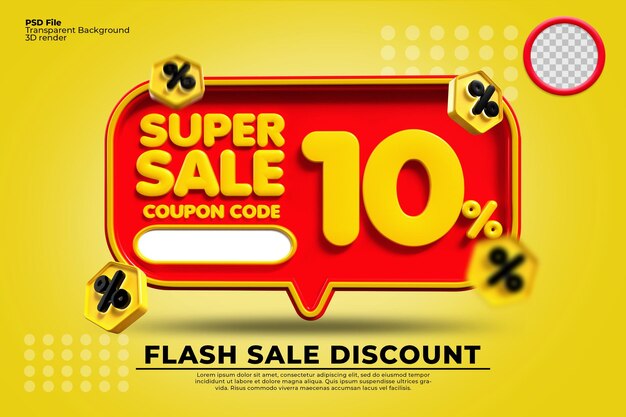 PSD 3d render super sale 10 procent rode, gele kleuren bubbel voor kortingsverkoop, flash-verkoop, promo