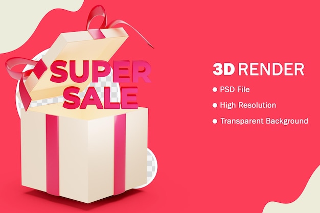 선물 상자와 빨간 리본 3d 렌더링 슈퍼 판매 개념