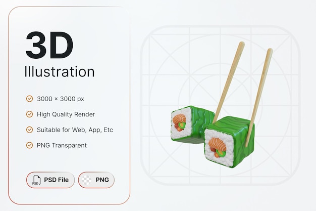 3D Render Sushi And Chop Sticks Japanese Culture Concept Modern Icon Illustrations Design