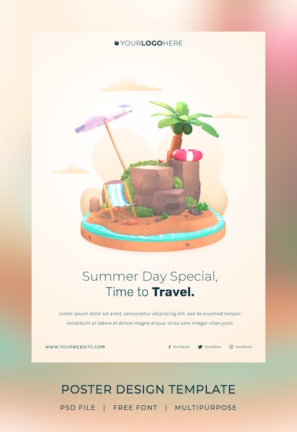 PSD 3d render, szablon plakatu hello summer, z ilustracyjnym drzewem kokosowym i parasolową plażą
