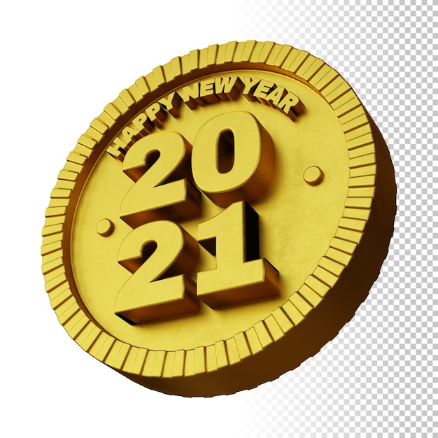3d render szczęśliwego nowego roku 2021 z złoty odważny okrągły znaczek na białym tle