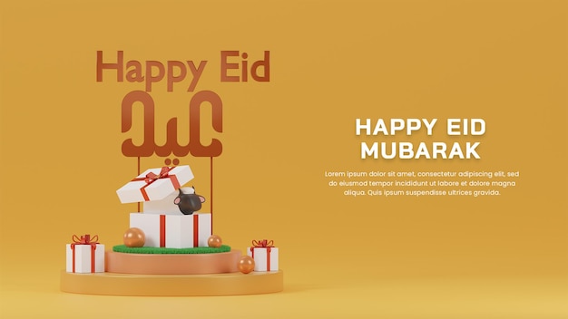 3d Render Szczęśliwy Eid Mubarak 1443 H Z Owcami W Pudełku Prezentowym Na Szablonie Projektu Strony Podium