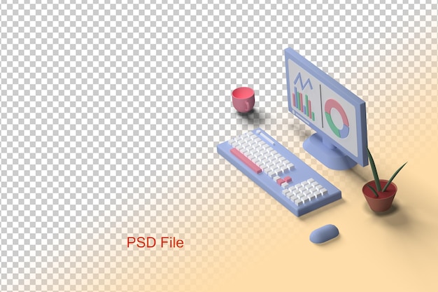 그래프와 커피 한 잔, 식물이 있는 3d 렌더링 탁상 컴퓨터