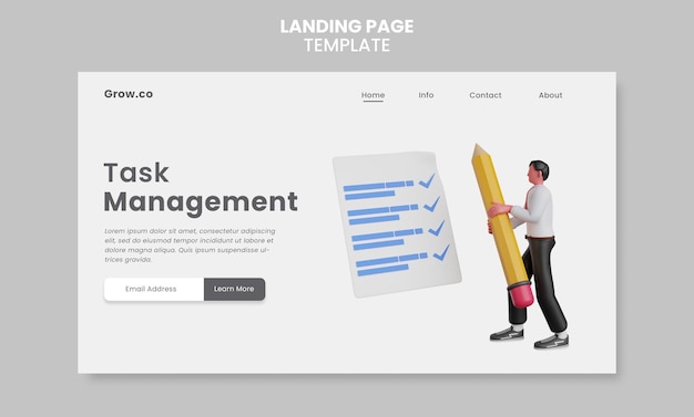 3d render of Task Management landing page psd template