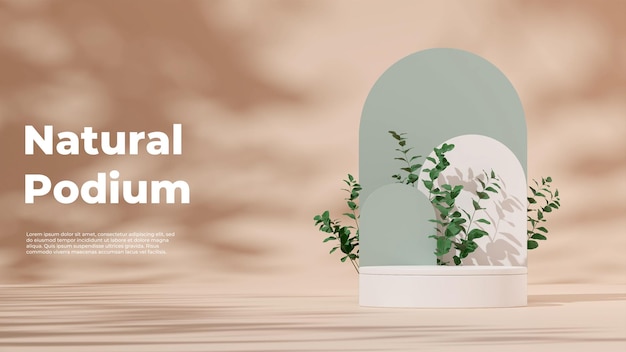 3D render template empty white podium in landscape with green leaf plant and light brown background