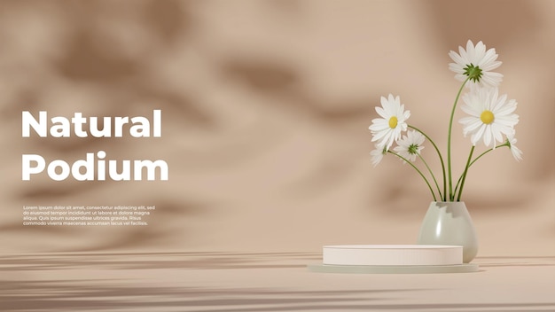 3d render template glass podium in landscape with green vase white daisy and tan background