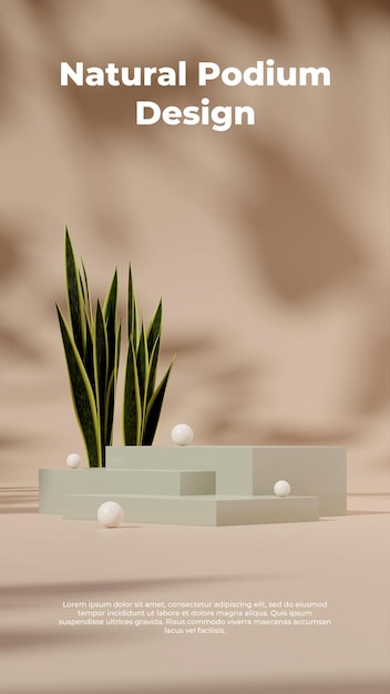 白い球のヘビの植物と黄褐色の背景を持つ肖像画の3dレンダリングテンプレート緑の表彰台