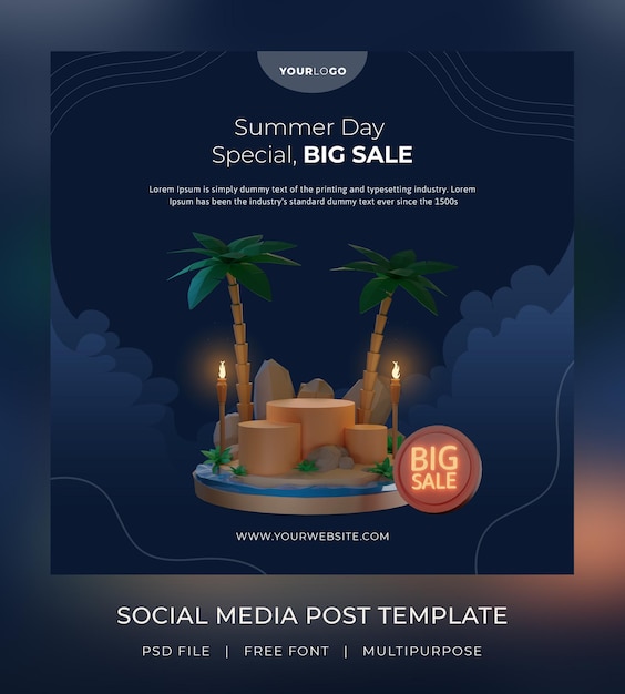 PSD 3d render, template social media post, summer sale with a podium, night theme