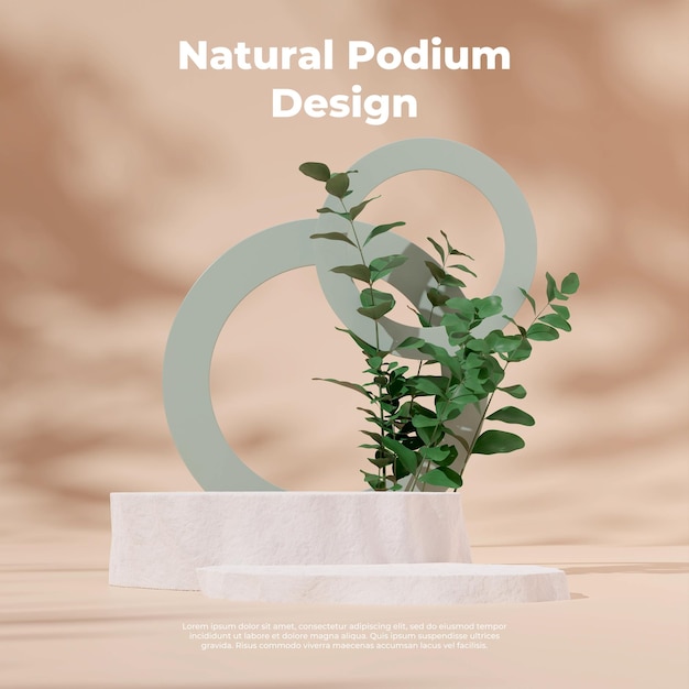 3D render template stone podium in square with green plants and light brown background