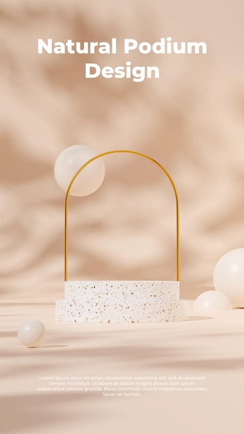 PSD 3d render template terrazzo podium mockup in portrait with gold arch and spheres