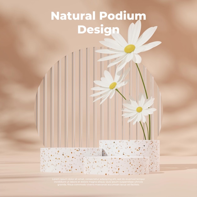 3D render template terrazzo podium in square with white daisy textured glass brown background