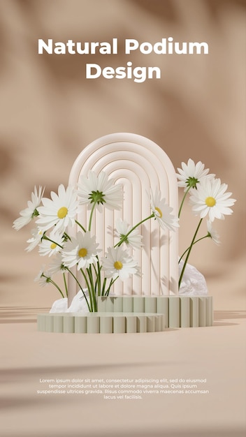 3d render template white podium in portrait with backdrop white daisy and brown background