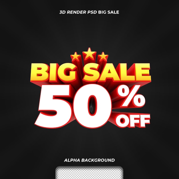 PSD 3d render text big sale discount promotion with 50 percent