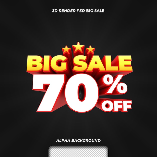 PSD 3d render text big sale discount promotion with 70 percent