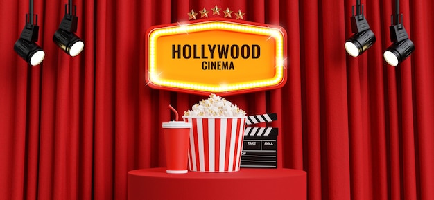 PSD 3d render of theater sign with podium and cinema decoration on red curtain