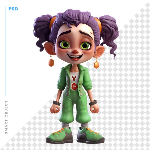 PSD 3d render of an toon figure with purple hair and green clothes