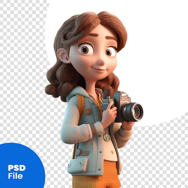 3D-рендеринг мультяшной девочки с фотоаппаратом на белом фоне PSD-шаблон