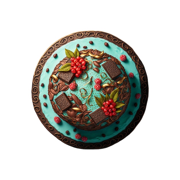 3D Render Of Top View Chocolate And Berries Cake Icon