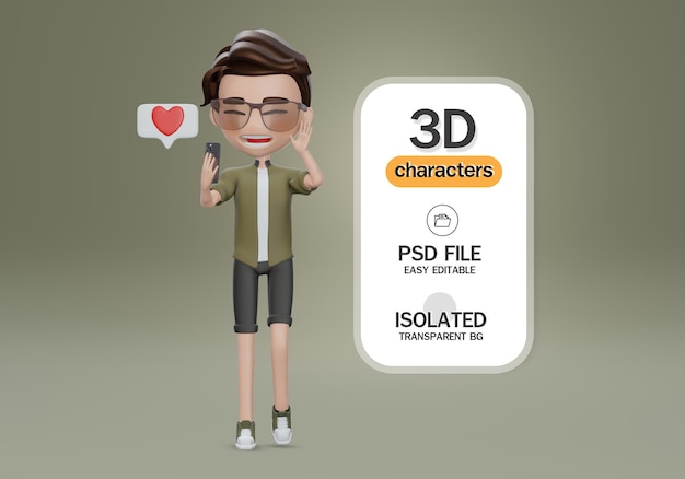 3d render tourist  in love , cute little boy cartoon speech bubble heart love