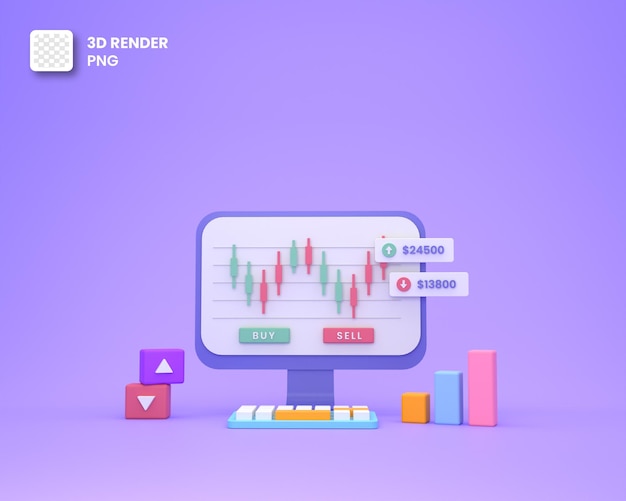 3D Render trading platform website with desktop and candlestick icon