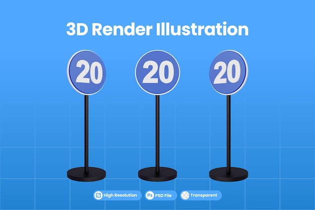 파란색 최소 제한 속도 20 프리미엄 psd의 3d 렌더링 교통 표지