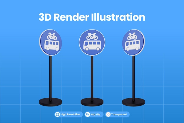 버스 및 자전거 전용 프리미엄 psd의 3d 렌더링 교통 표지