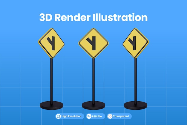 PSD 삼각형 교차로 교통의 노란색 삼각형 경고 기호 상징의 3d 렌더링 교통 표지판