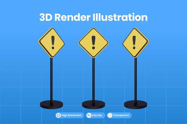 PSD 3d rendering segnali stradali del triangolo giallo segnale di avvertimento fai attenzione al traffico di zona premium psd