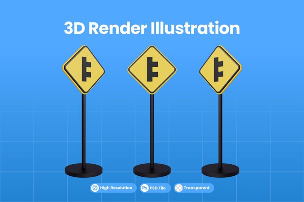 PSD rendering 3d segnali stradali del triangolo giallo segnale di avvertimento traffico di intersezione stradale a doppio lato