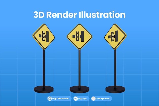 PSD rendering 3d dei segnali stradali del triangolo giallo segnale di avvertimento del traffico di attraversamento ferroviario psd premium