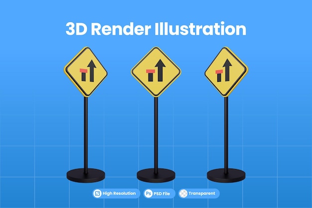 PSD 3d rendering segnali stradali del triangolo giallo segnale di avvertimento corsia di destra chiusa segnale di traffico