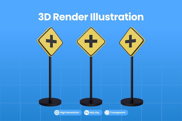 Rendering 3d dei segnali stradali del triangolo giallo simbolo del segnale di avvertimento del traffico crossroad premium psd