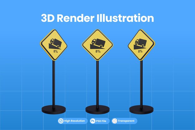 PSD 3d rendering segnali stradali del triangolo giallo segno di avvertimento simbolo di inclinazione 8 per cento del traffico di camion