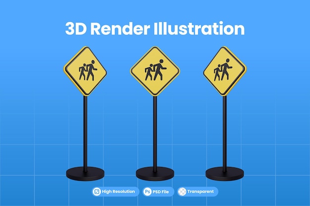 PSD rendering 3d dei segnali stradali del triangolo giallo simbolo del segnale di avvertimento del traffico nell'area pedonale