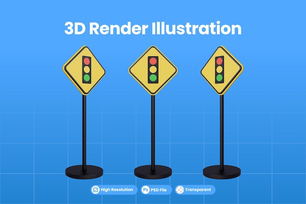 3d render traffic signs of yellow triangle warning sign symbol of traffic signal ahead traffic