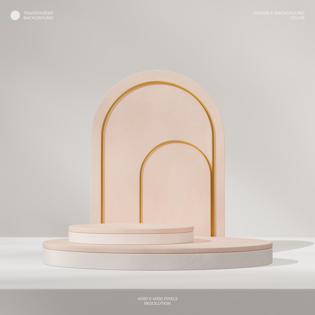 3D render transparante achtergrond van beige en roze cilinderpodium op plein met gouden boog