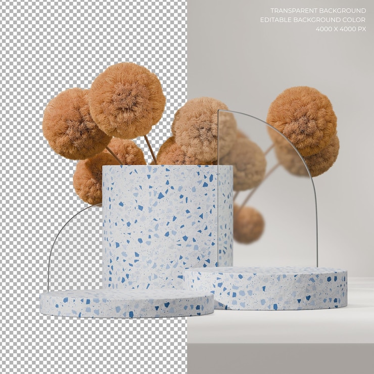 PSD 3d render transparent background of white blue terrazzo podium in square with yellow mimosa