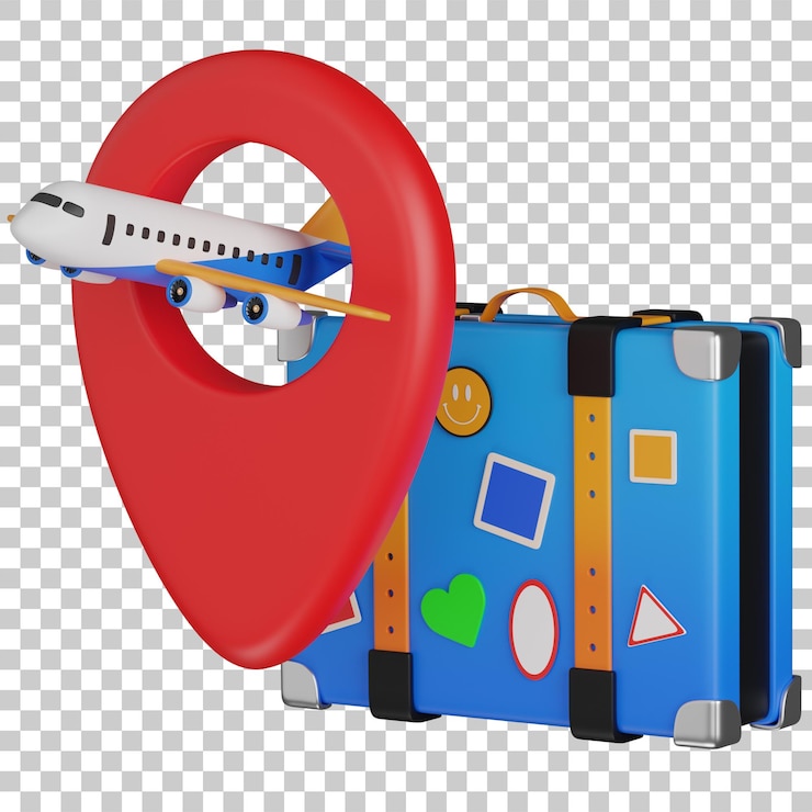 PSD 3d render for travel adventure airplane suitcase and location pin icon