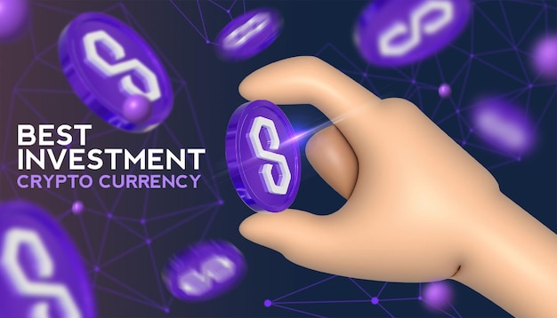 3D Render trzymający token Wielokątna moneta kryptowaluta