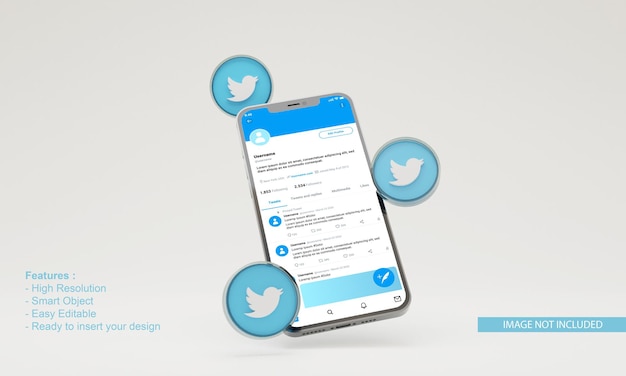 PSD 3d rendono il modello del telefono cellulare dell'illustrazione di twitter