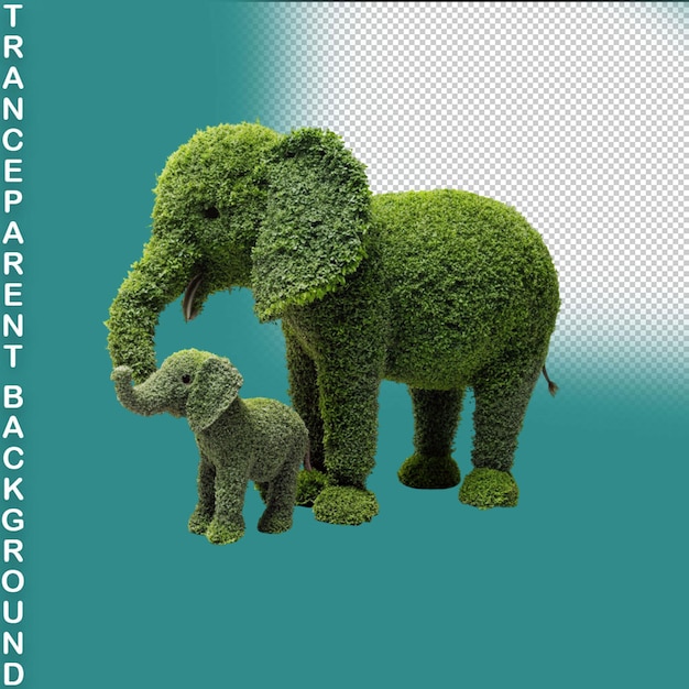 3d render two elephants big and small green plant isolated transparent background