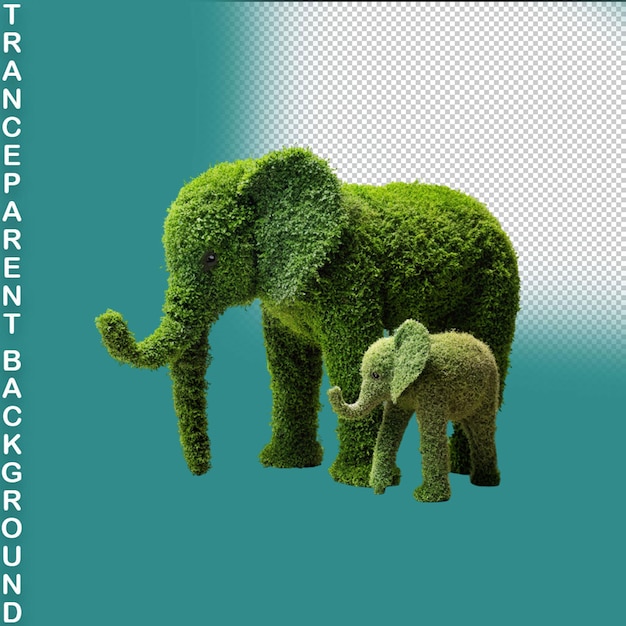 PSD 3d render two elephants big and small green plant isolated transparent background