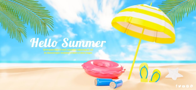 PSD rendering 3d di spiaggia con ombrellone con decorazione sulla spiaggia di sabbia per il concetto estivo.