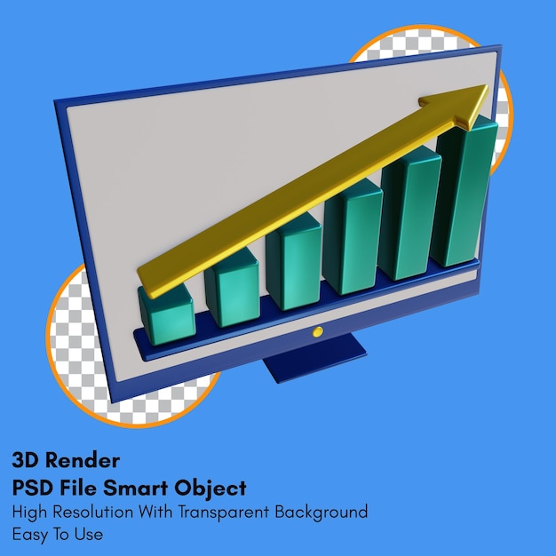 PSD 3d render up linear graph on monitor icon with transparent background