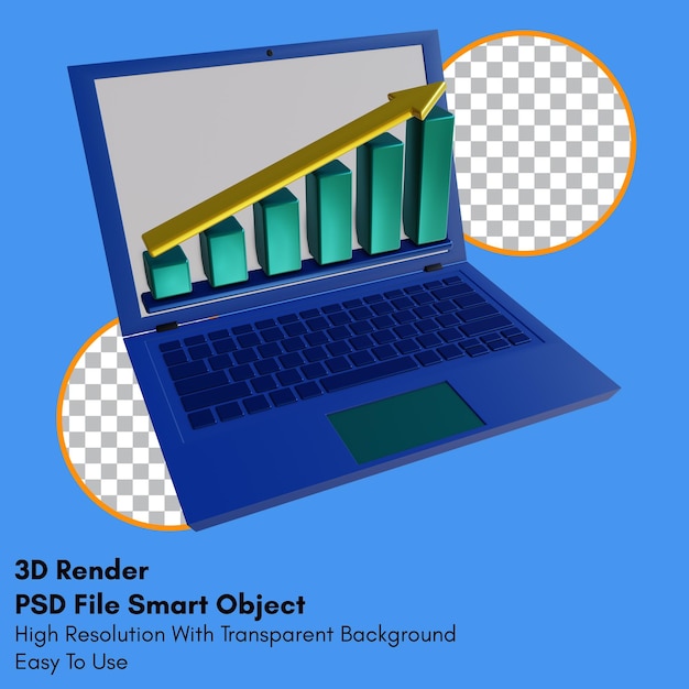 3d render up linear graph on laptop icon with transparent background