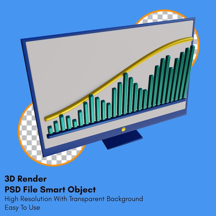 PSD 3d render up trend graph on monitor icon with transparent background